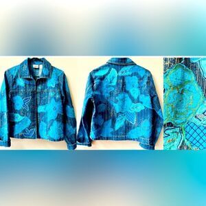 CHICOS PINSTRIPED EMBROIDED OPEN FRONT DENIM JACKET WOMENS SIZE XS